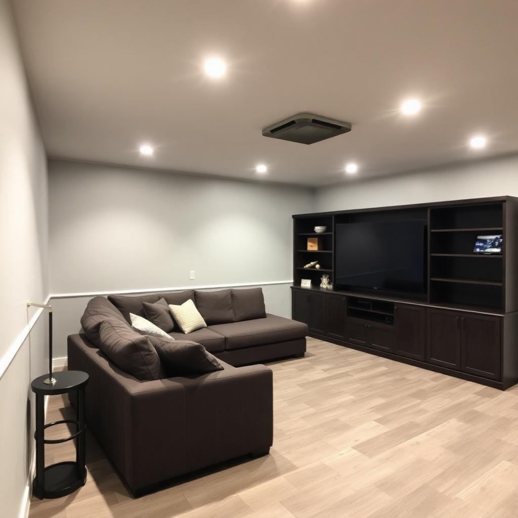 Lower-Level Lounge — Rec area with sectional and shelving