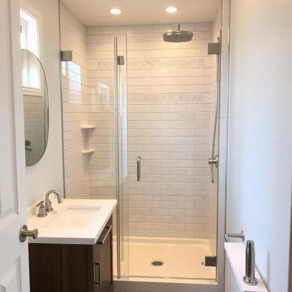 Lower-Level Lounge — New 3-piece bath — subway tile shower